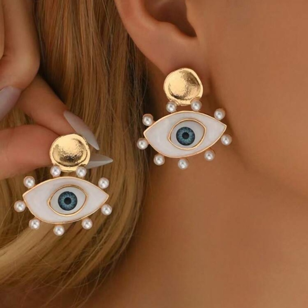 Gold and White Evil Eye post Earrings